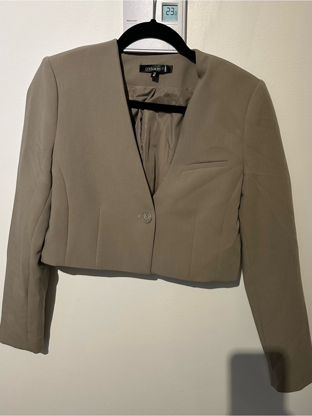 Dynamite Cropped Collarless Blazer in Taupe-Grey